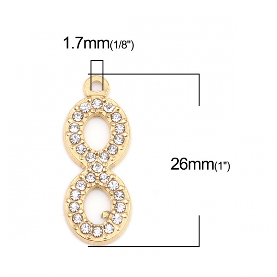 Immagine di 304 Acciaio Inossidabile Charms Simbolo di Infinito Oro Placcato Trasparente Strass 26mm x 10mm, 2 Pz