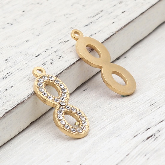 Immagine di 304 Acciaio Inossidabile Charms Simbolo di Infinito Oro Placcato Trasparente Strass 26mm x 10mm, 2 Pz
