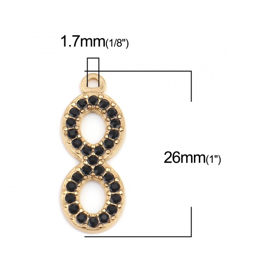 Immagine di 304 Acciaio Inossidabile Charms Simbolo di Infinito Oro Placcato Nero Strass 26mm x 10mm, 2 Pz