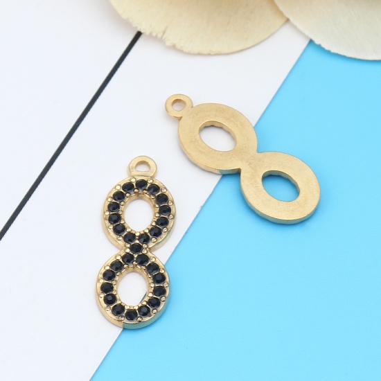 Immagine di 304 Acciaio Inossidabile Charms Simbolo di Infinito Oro Placcato Nero Strass 26mm x 10mm, 2 Pz