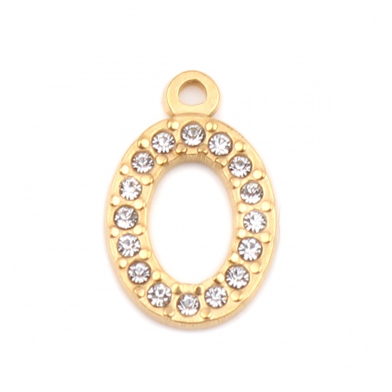 Picture of 304 Stainless Steel Charms Oval Gold Plated Clear Rhinestone 18mm x 12mm, 2 PCs