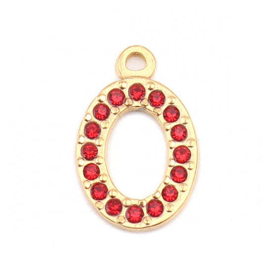Picture of 304 Stainless Steel Charms Oval Gold Plated Red Rhinestone 18mm x 12mm, 2 PCs