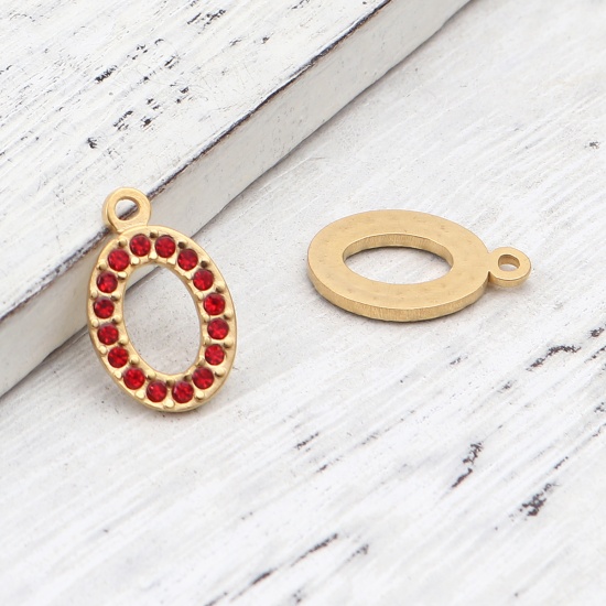 Picture of 304 Stainless Steel Charms Oval Gold Plated Red Rhinestone 18mm x 12mm, 2 PCs