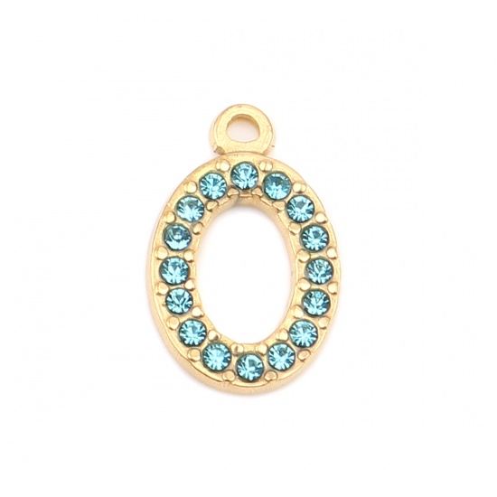 Picture of 304 Stainless Steel Charms Oval Gold Plated Light Blue Rhinestone 18mm x 12mm, 2 PCs