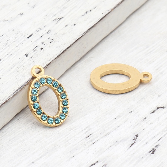 Picture of 304 Stainless Steel Charms Oval Gold Plated Light Blue Rhinestone 18mm x 12mm, 2 PCs