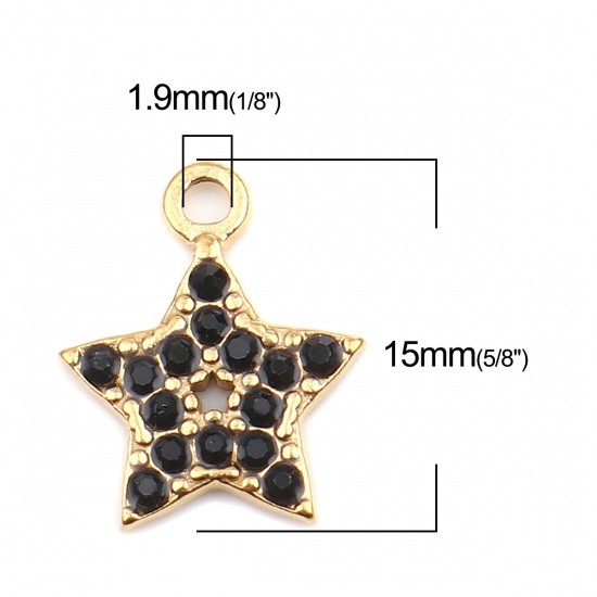 Picture of 304 Stainless Steel Charms Pentagram Star Gold Plated Black Rhinestone 15mm x 12mm, 2 PCs