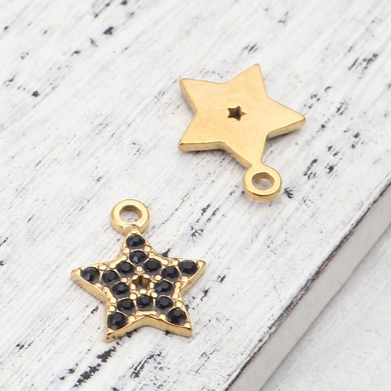 Picture of 304 Stainless Steel Charms Pentagram Star Gold Plated Black Rhinestone 15mm x 12mm, 2 PCs