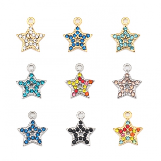Picture of 304 Stainless Steel Charms Pentagram Star Gold Plated Black Rhinestone 15mm x 12mm, 2 PCs