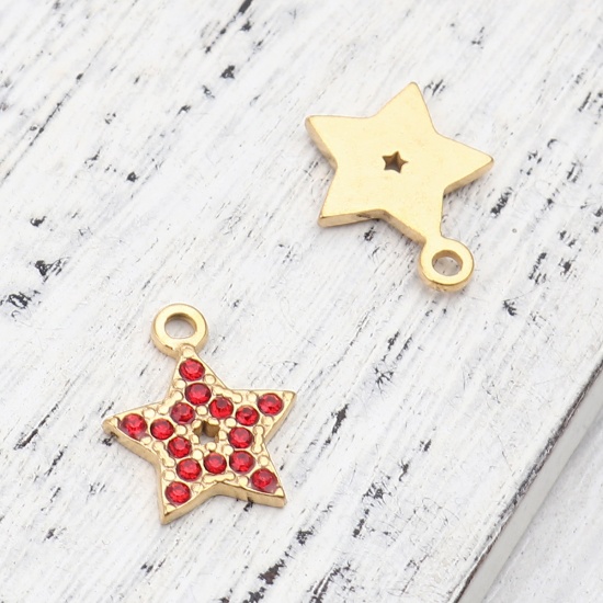 Picture of 304 Stainless Steel Charms Pentagram Star Gold Plated Red Rhinestone 15mm x 12mm, 2 PCs