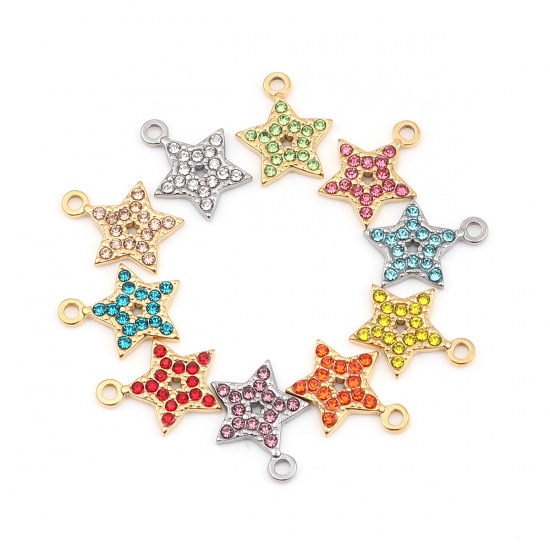 Picture of 304 Stainless Steel Charms Pentagram Star Gold Plated Red Rhinestone 15mm x 12mm, 2 PCs