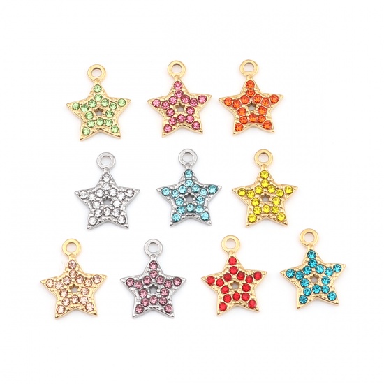 Picture of 304 Stainless Steel Charms Pentagram Star Gold Plated Red Rhinestone 15mm x 12mm, 2 PCs