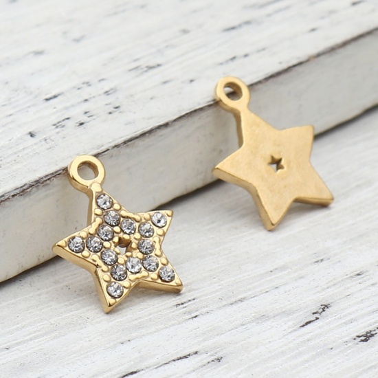 Picture of 304 Stainless Steel Charms Pentagram Star Gold Plated Clear Rhinestone 15mm x 12mm, 2 PCs