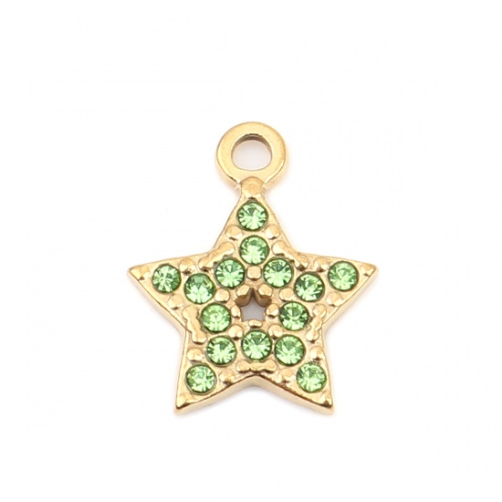 Picture of 304 Stainless Steel Charms Oval Gold Plated Green Rhinestone 18mm x 12mm, 2 PCs