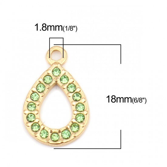 Picture of 304 Stainless Steel Charms Drop Gold Plated Green Rhinestone 18mm x 12mm, 2 PCs
