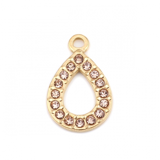 Immagine di 304 Acciaio Inossidabile Charms Goccia Oro Placcato Arancione Chiaro Strass 18mm x 12mm, 2 Pz