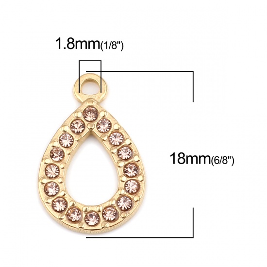 Picture of 304 Stainless Steel Charms Drop Gold Plated Light Orange Rhinestone 18mm x 12mm, 2 PCs