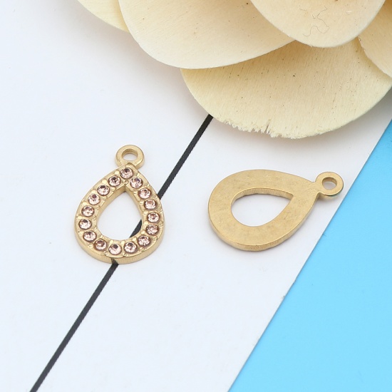Immagine di 304 Acciaio Inossidabile Charms Goccia Oro Placcato Arancione Chiaro Strass 18mm x 12mm, 2 Pz