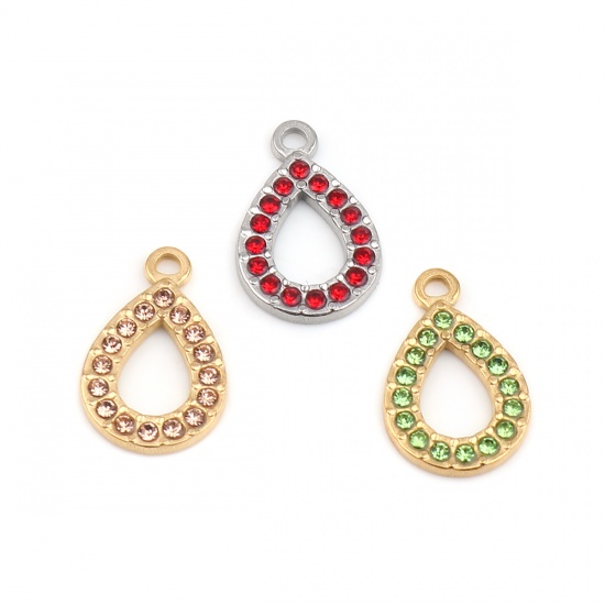 Immagine di 304 Acciaio Inossidabile Charms Goccia Oro Placcato Arancione Chiaro Strass 18mm x 12mm, 2 Pz