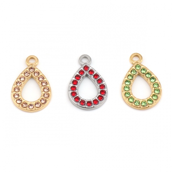 Immagine di 304 Acciaio Inossidabile Charms Goccia Oro Placcato Arancione Chiaro Strass 18mm x 12mm, 2 Pz