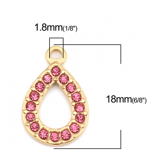 Picture of 304 Stainless Steel Charms Drop Gold Plated Pink Rhinestone 18mm x 12mm, 2 PCs