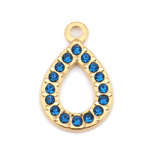 Picture of 304 Stainless Steel Charms Drop Gold Plated Dark Blue Rhinestone 18mm x 12mm, 2 PCs