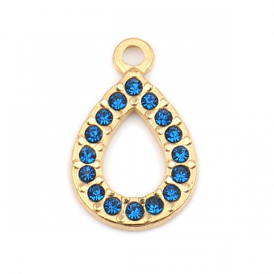 Immagine di 304 Acciaio Inossidabile Charms Goccia Oro Placcato Blu Notte Strass 18mm x 12mm, 2 Pz