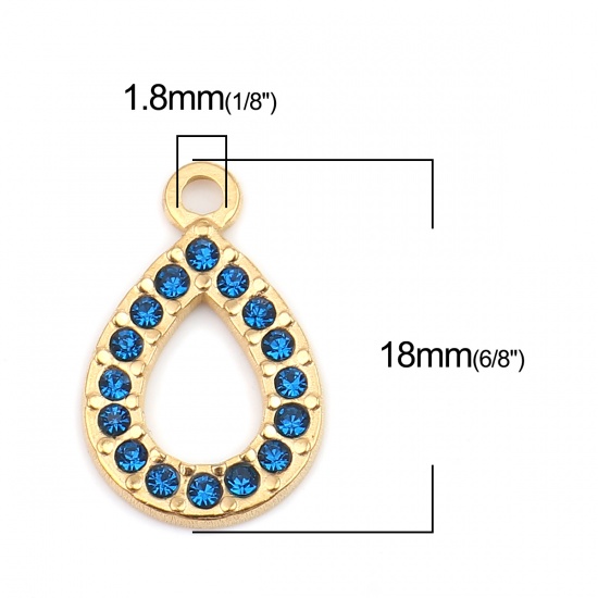 Picture of 304 Stainless Steel Charms Drop Gold Plated Dark Blue Rhinestone 18mm x 12mm, 2 PCs