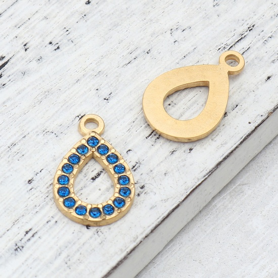 Picture of 304 Stainless Steel Charms Drop Gold Plated Dark Blue Rhinestone 18mm x 12mm, 2 PCs