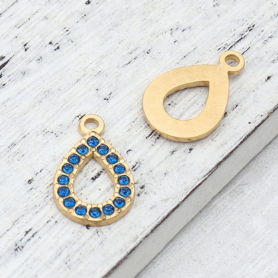 Immagine di 304 Acciaio Inossidabile Charms Goccia Oro Placcato Blu Notte Strass 18mm x 12mm, 2 Pz
