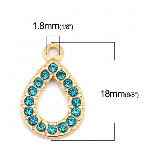 Picture of 304 Stainless Steel Charms Drop Gold Plated Lake Blue Rhinestone 18mm x 12mm, 2 PCs