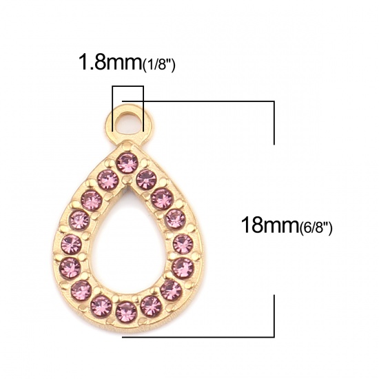 Picture of 304 Stainless Steel Charms Drop Gold Plated Pale Lilac Rhinestone 18mm x 12mm, 2 PCs