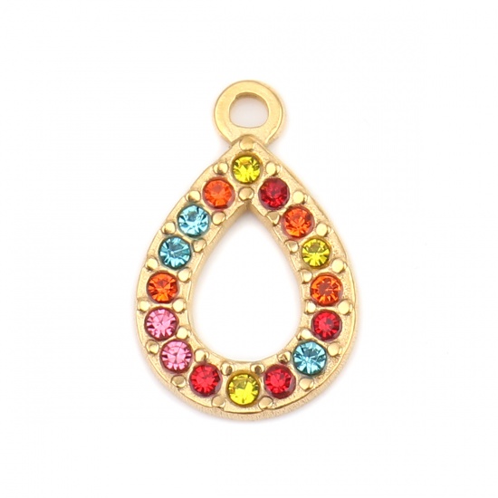 Immagine di 304 Acciaio Inossidabile Charms Goccia Oro Placcato Multicolore Strass 18mm x 12mm, 2 Pz