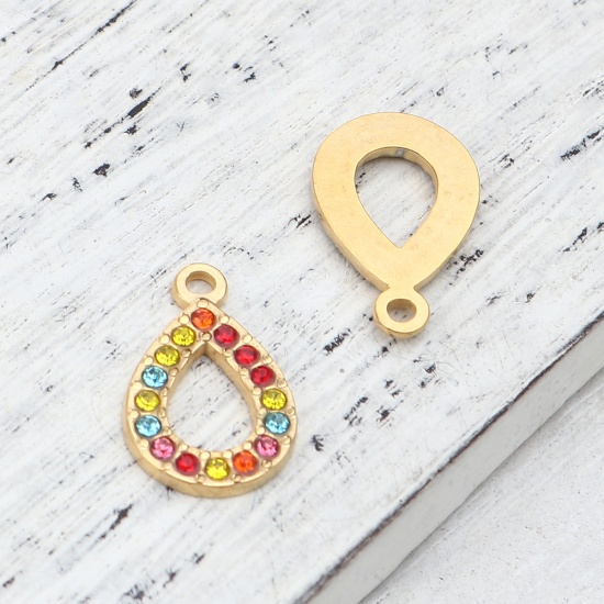 Immagine di 304 Acciaio Inossidabile Charms Goccia Oro Placcato Multicolore Strass 18mm x 12mm, 2 Pz