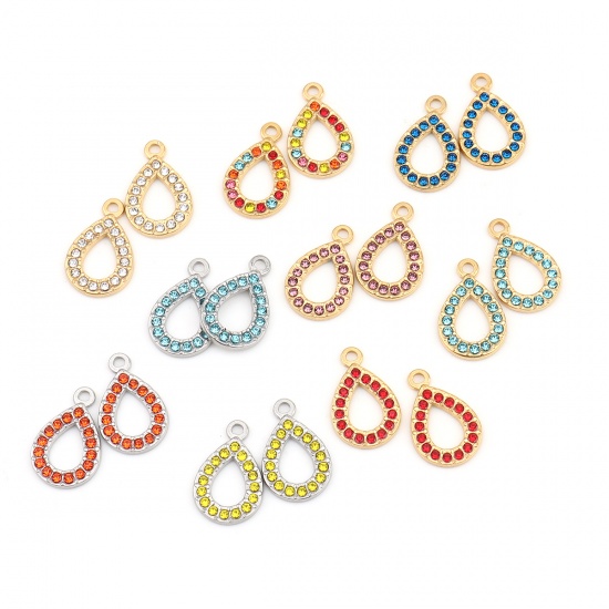 Immagine di 304 Acciaio Inossidabile Charms Goccia Oro Placcato Multicolore Strass 18mm x 12mm, 2 Pz