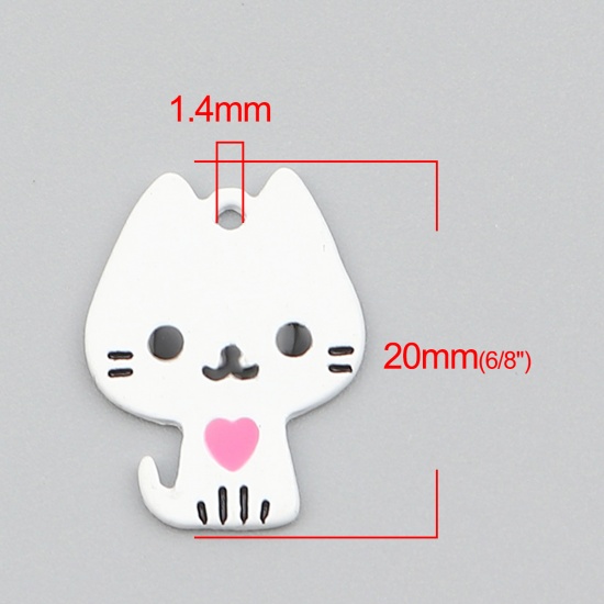Picture of Zinc Based Alloy Charms Cat Animal White Heart 20mm x 15mm, 10 PCs