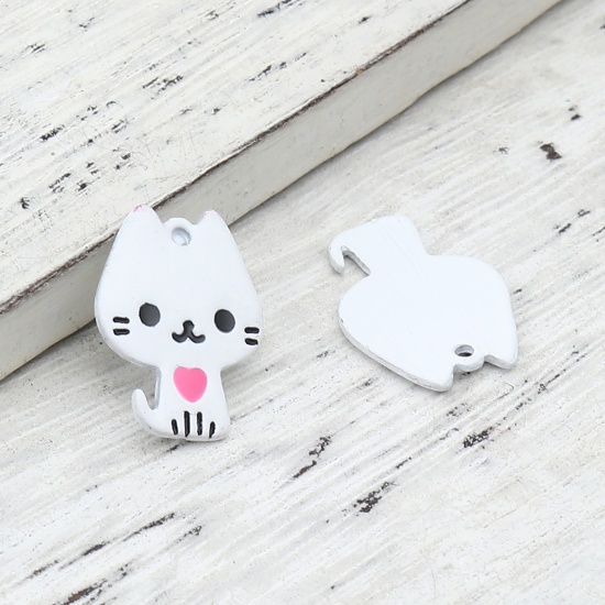 Picture of Zinc Based Alloy Charms Cat Animal White Heart 20mm x 15mm, 10 PCs