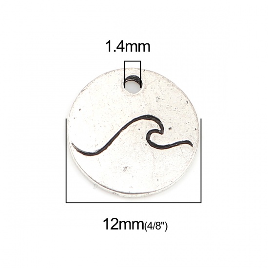 Picture of Zinc Based Alloy Charms Round Antique Silver Color Wave 12mm Dia., 50 PCs