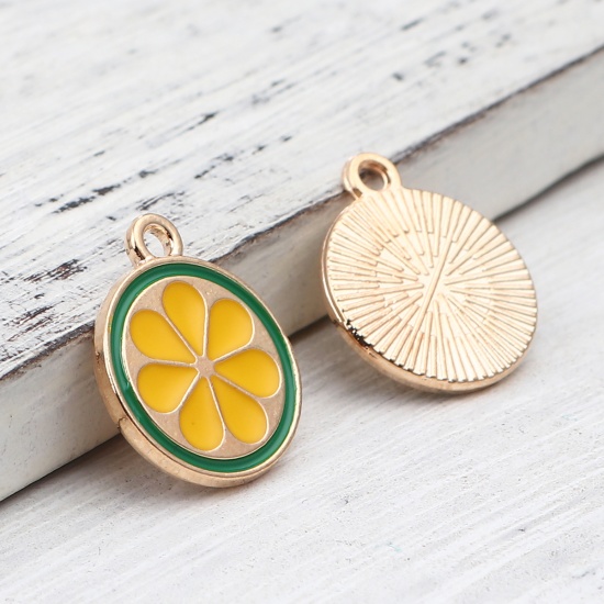 Picture of Zinc Based Alloy Charms Round Gold Plated Green & Yellow Lemon slice Enamel 18mm x 15mm, 20 PCs