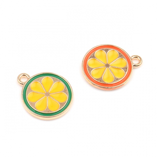 Picture of Zinc Based Alloy Charms Round Gold Plated Green & Yellow Lemon slice Enamel 18mm x 15mm, 20 PCs