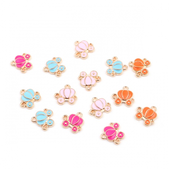 Picture of Zinc Based Alloy Charms Gold Plated Fuchsia Halloween Pumpkin Enamel 13mm x 12mm, 20 PCs