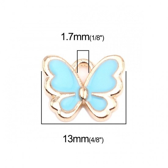 Picture of Zinc Based Alloy Insect Charms Butterfly Animal Gold Plated Light Blue Enamel 13mm x 11mm, 20 PCs
