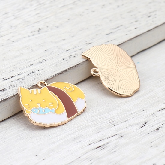 Picture of Zinc Based Alloy Pendants Cat Animal Gold Plated White & Yellow Enamel 30mm x 22mm, 10 PCs