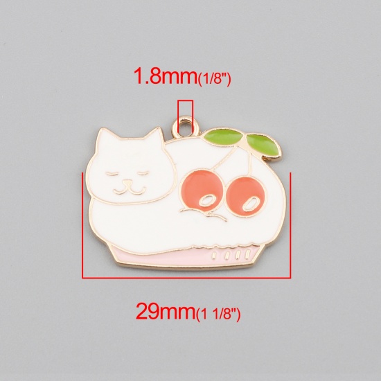 Picture of Zinc Based Alloy Charms Cat Animal Gold Plated White & Pink Cherry Enamel 29mm x 23mm, 10 PCs