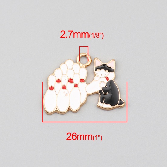 Picture of Zinc Based Alloy Charms Bowling Ball Gold Plated Black & White Cat Enamel 26mm x 20mm, 5 PCs