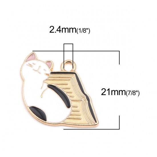Picture of Zinc Based Alloy Charms Book Gold Plated Multicolor Cat Enamel 21mm x 19mm, 5 PCs