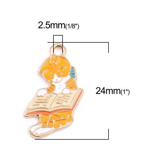Picture of Zinc Based Alloy Charms Book Gold Plated Orange Cat Enamel 24mm x 17mm, 5 PCs