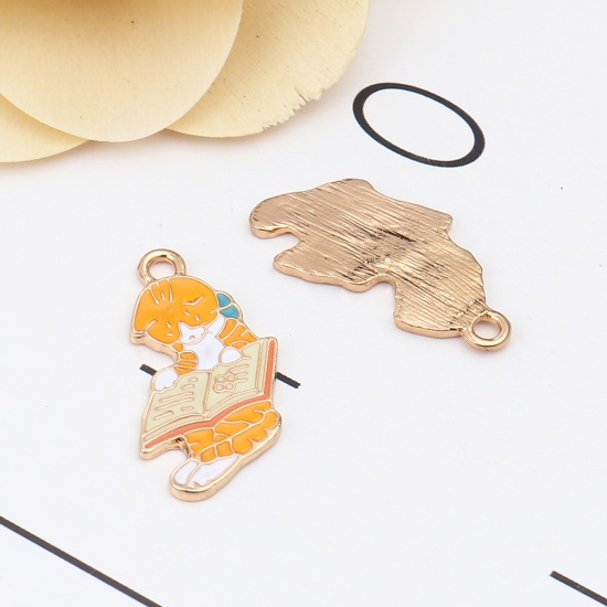 Picture of Zinc Based Alloy Charms Book Gold Plated Orange Cat Enamel 24mm x 17mm, 5 PCs