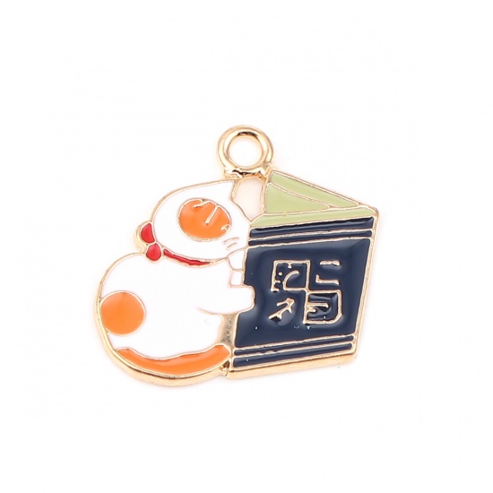 Picture of Zinc Based Alloy Charms Book Gold Plated Multicolor Cat Enamel 26mm x 22mm, 5 PCs