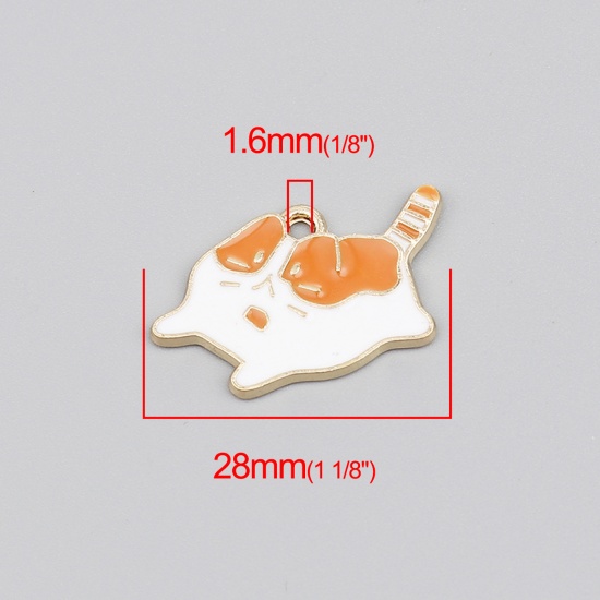 Image de Breloques en Alliage de Zinc Chat Doré Blanc & Orange Émail 28mm x 16mm, 10 Pcs