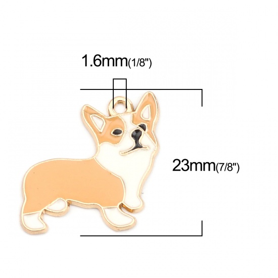 Image de Breloques en Alliage de Zinc Chien Corgi Doré Blanc & Jaune Émail 23mm x 22mm, 10 Pcs